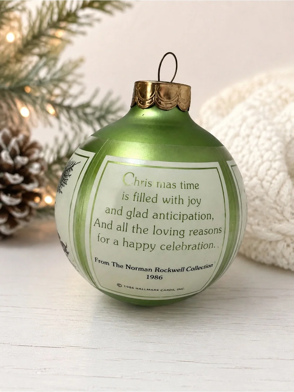 Hallmark 1986 Norman Rockwell Collection Green and Gold Holiday Glass Ornament